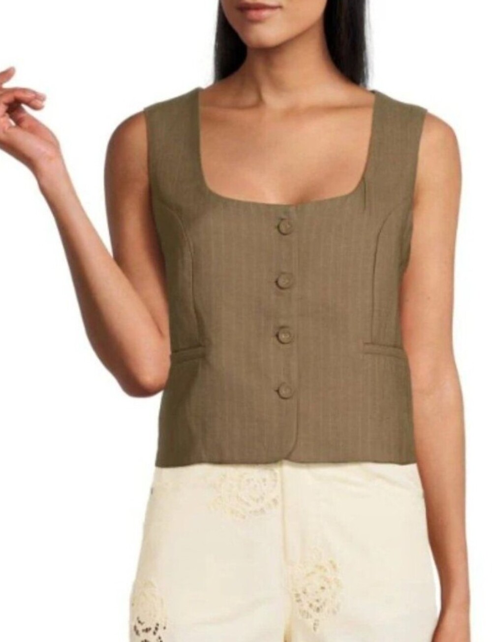 WeWoreWhat Scoop Neck Tailored Vest Brown Pinstripe Button Front Blazer Vest L